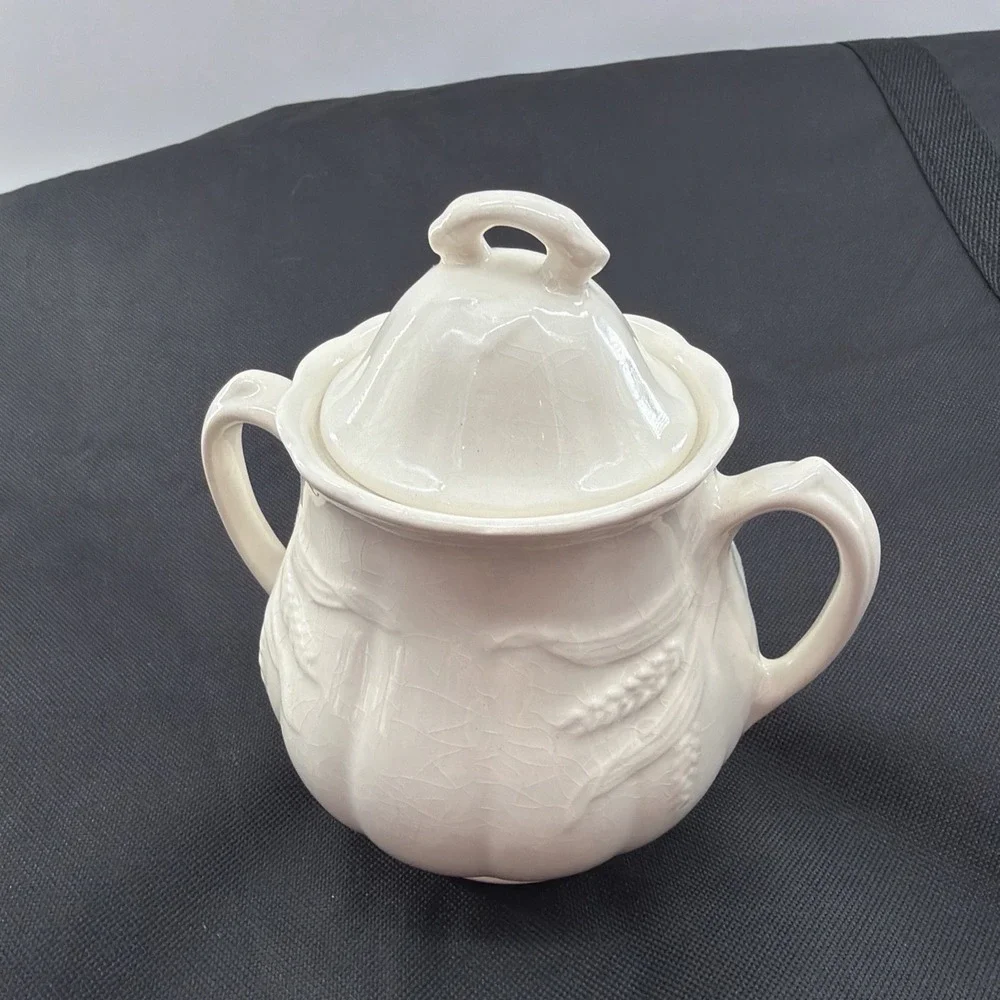 Wheat Sheaf Sugar Bowl White Ironstone w/ Lid Wilkinson Staffordshire England